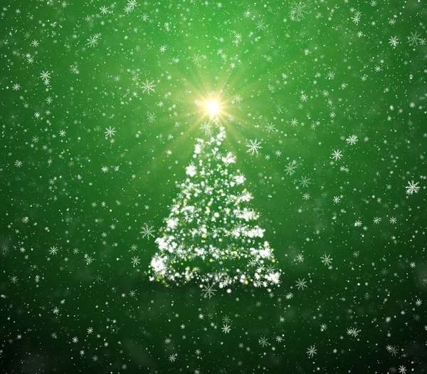 Düşen kar taneleri ve yıldız ile Noel ağacı — Stok fotoğraf