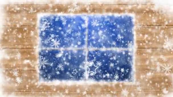 Fenêtre couverte de neige et flocons de neige tombants — Video