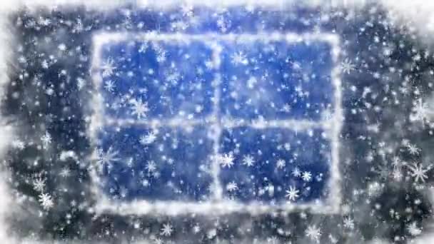Snow-covered window and falling snowflakes — Stock Video