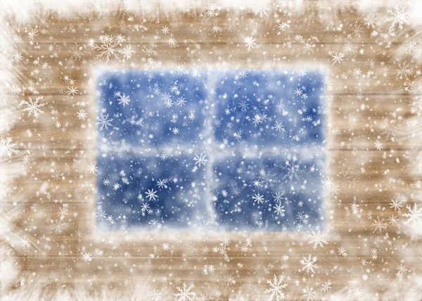 Snow-covered window and falling snowflakes — Stock Photo, Image