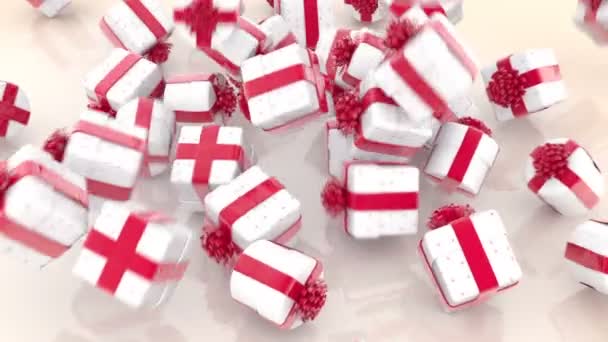 Fallende Weiße Weihnachtsgeschenkboxen Mit Roten Schleifen Und Bändern — Stockvideo