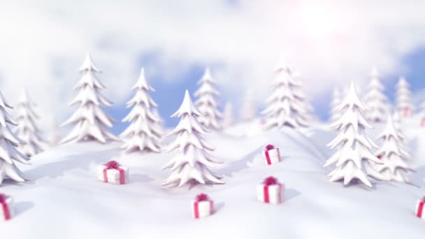 Fundo Natal Inverno Pinheiros Nevados Caixas Presente Natal Com Neve — Vídeo de Stock