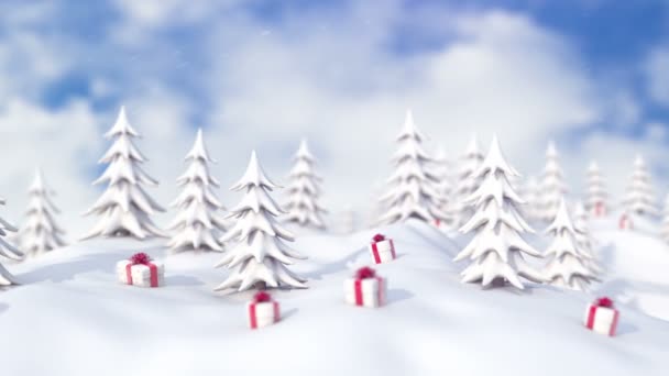 Zimní Vánoční Pozadí Zasněžené Borovice Vánoční Dárkové Krabice Padajícím Sněhem — Stock video