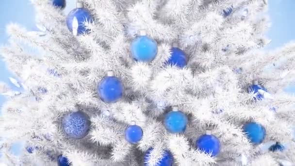 Decorated Christmas Tree Sparkling Light Garland Balls Falling Snowflakes — Stock Video