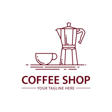 Kahve dükkanı logosu tasarımı. Beyaz arkaplanda Moka pot klasik amblem tasarımı.