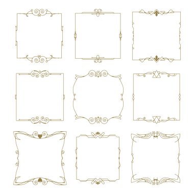 Dekoratif çerçeveler tasarım elementlerini ayarlar. Beyaz arkaplanda kıvrımlı vektör çerçeveleri.