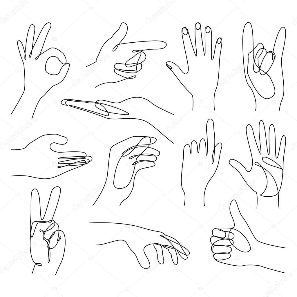 Continuous line drawing Hand gestures line icon set. vector illustration.