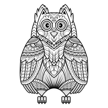 Dekoratif baykuş. Yetişkin antistress boyama sayfası. Siyah ve beyaz boyama kitabı için çizilmiş şekil ver. vektör çizim.