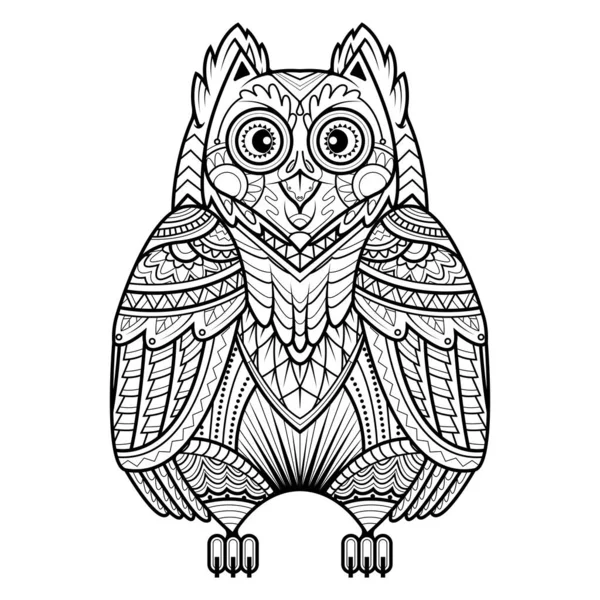 Dekoratif baykuş. Yetişkin antistress boyama sayfası. Siyah ve beyaz boyama kitabı için çizilmiş şekil ver. vektör çizim.