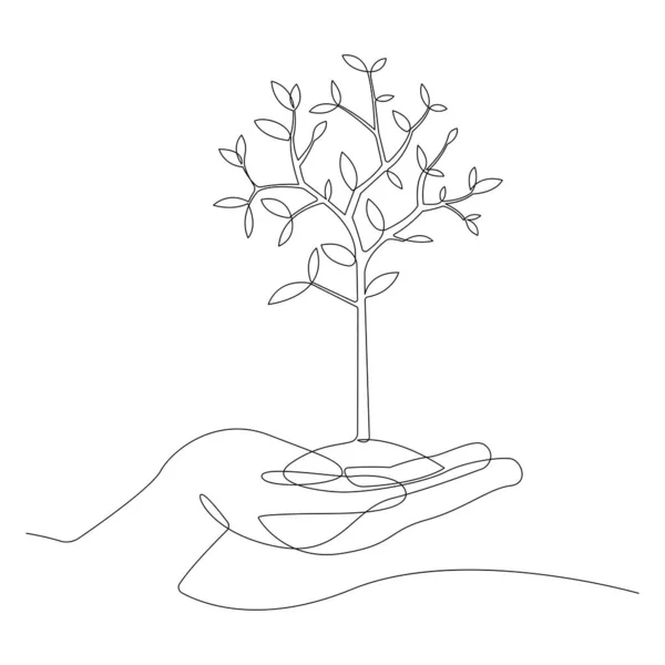 Continuous Line Hand Holding Plant Growth Concept Vector Illustration — Vetor de Stock