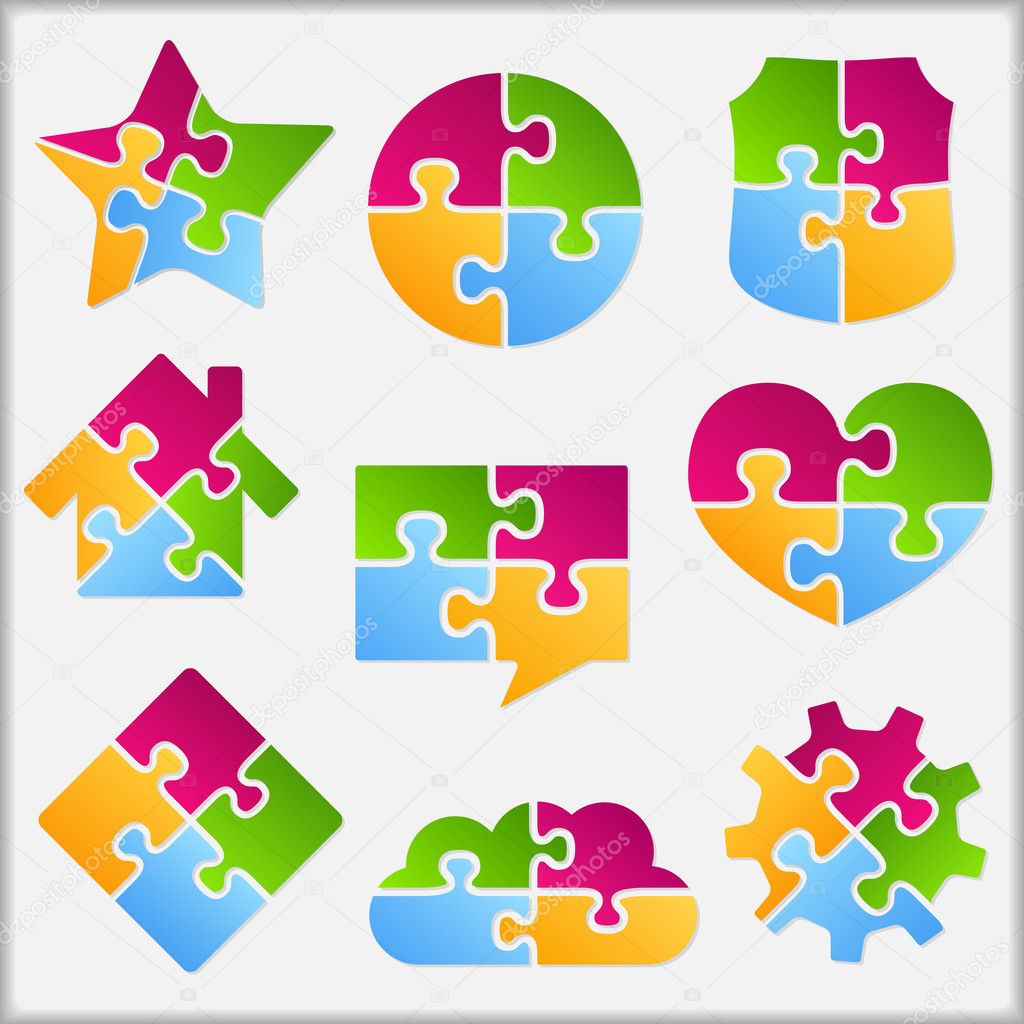 Set of different objects made of puzzle pieces, design elements for your logo, vector eps10 illustration