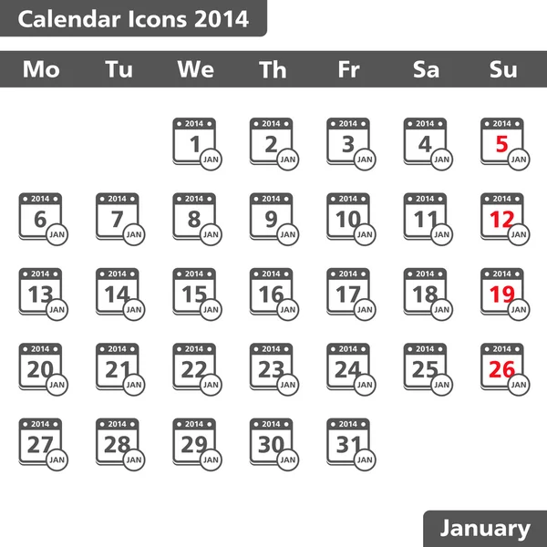 Enero 2014 Calendario Iconos — Vector de stock