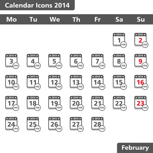 Febrero 2014 Calendario Iconos — Vector de stock