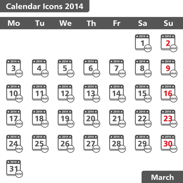 Marzo 2014 Calendario Iconos — Vector de stock