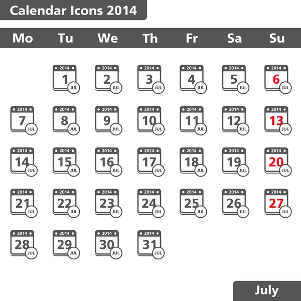 Julio 2014 Calendario Iconos — Vector de stock