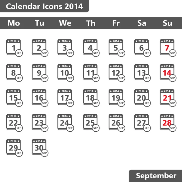 Září 2014 kalendáře ikony — Stockový vektor