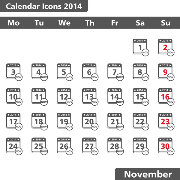 Noviembre 2014 Calendario Iconos — Vector de stock