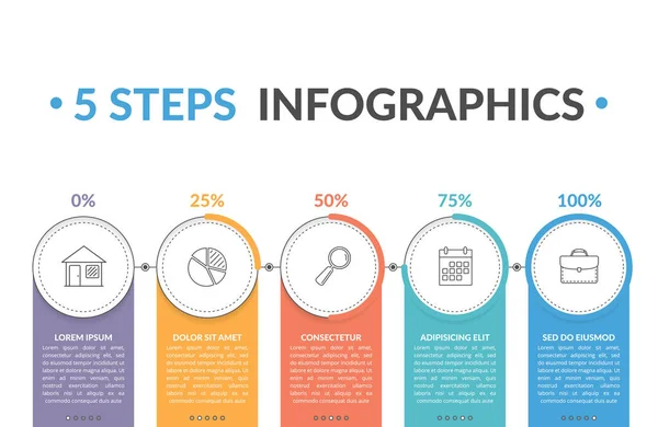 Modelo Infográfico Com Cinco Indicadores Progresso Redondos Fluxo Trabalho Gráfico — Vetor de Stock