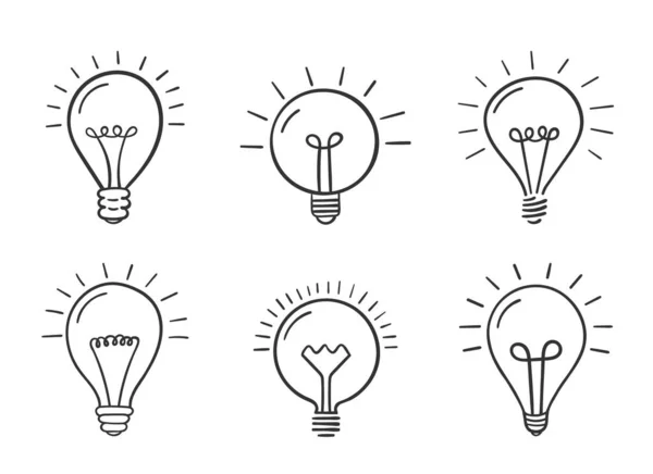 Set Von Handgezeichneten Glühbirnen Auf Weißem Hintergrund Idee Lösungskonzept Vektor — Stockvektor