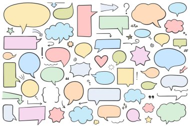 Collection of hand drawn speech bubbles, arrows and other design elements, solid shapes, soft colors for dark text, vector eps10 illustration clipart
