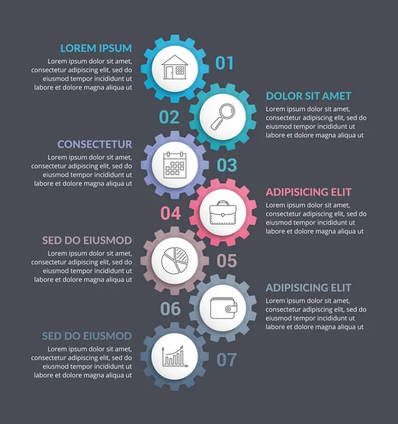 Plantilla Infográfica Con Siete Engranajes Con Iconos Línea Ilustración Vectorial — Archivo Imágenes Vectoriales