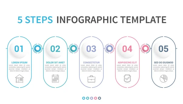 Infografik Vorlage Mit Fünf Schritten Oder Optionen Workflow Prozessdiagramm Minimales — Stockvektor