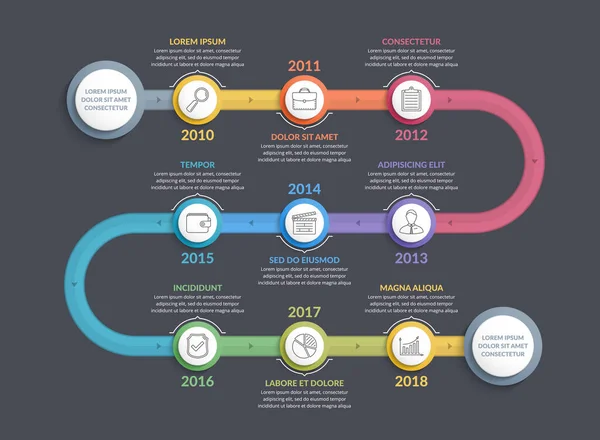 Kleurrijke Tijdlijn Infographics Template Met Stappen Workflow Proces Geschiedenis Diagram — Stockvector