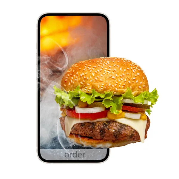 Concept Livraison Nourriture Commander Nourriture Dans Smartphone Burger Téléphone Isolé — Photo