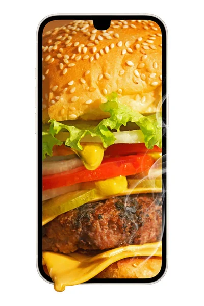 Koncepcja Dostarczania Żywności Zamawianie Jedzenia Smartfonie Burger Telefon Izolowane Białym — Zdjęcie stockowe