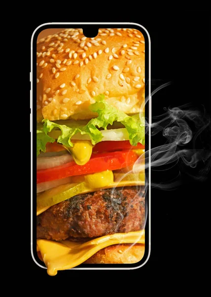 Koncepcja Dostarczania Żywności Zamawianie Jedzenia Smartfonie Burger Telefon Izolowane Czarnym — Zdjęcie stockowe