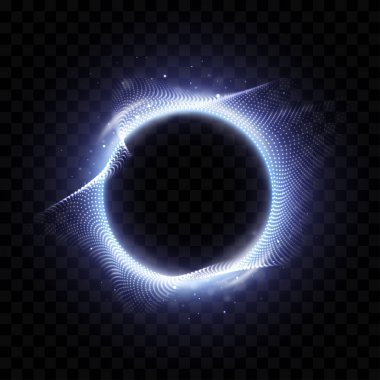 Parçacıkların dinamik deforme olmuş çember şekli. Alan etkisine sahip noktalardan parlak daireler. Şeffaf arkaplanda izole.