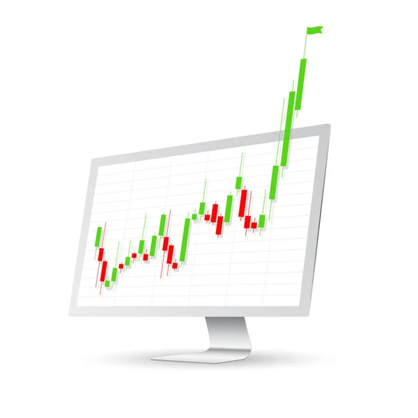 Pantalla de monitor blanco con gráficos de la bolsa que muestra el comercio de acciones con éxito. El gráfico saltó de la pantalla. Bolsa de valores. Cryptocurrency trading.Vector Ilustración. — Archivo Imágenes Vectoriales