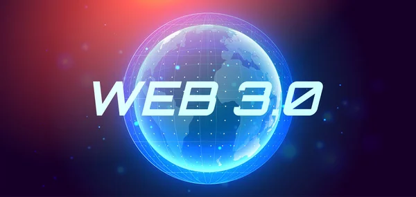 Tekst Web 3.0 na hologramie planety Ziemia. Nowa wersja strony wykorzystująca technologię blockchain, kryptowalutę i sztukę NFT. Banner wektorowy. — Wektor stockowy