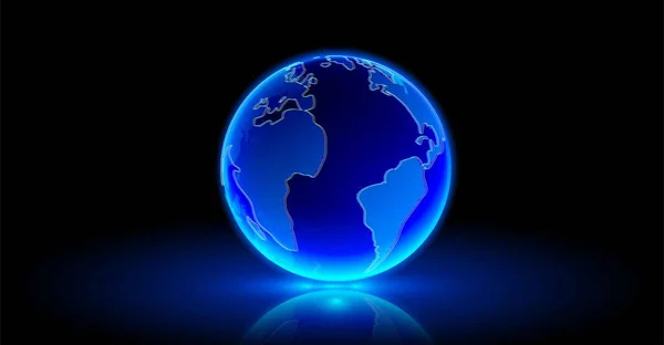 Diditalplanet Erde. Blaues Hologramm des Planeten Erde auf glänzendem Boden. Technischer und wissenschaftlicher Hintergrund. Platz für Text. — Stockvektor