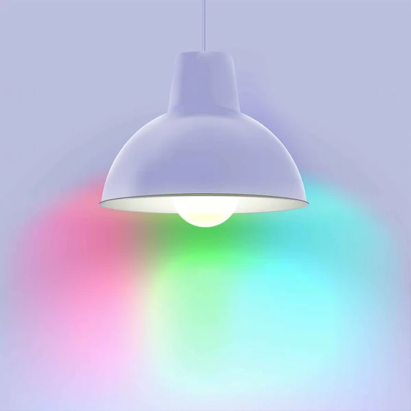Konsep pencahayaan yang cerdas. Hanging lamp with smart led bulb on multicolor background. - Stok Vektor
