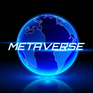 Hologram gezegeni Dünya 'da METAVERSE metni. İnternet destekleyici çevrimiçi 3D sanal ortamlar.