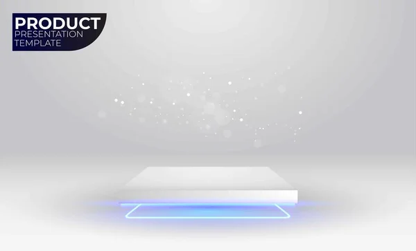 Presentación del producto maqueta vectorial. Pedestal de plataforma blanca de tecnología de ciencia ficción futurista con luces de neón. Caja cuadrada, exhibición del producto. — Archivo Imágenes Vectoriales