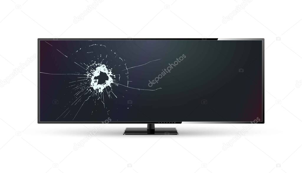 Broken monitor with cracked lcd screen. Widescreen with cracked glass. Realistic vector illustration