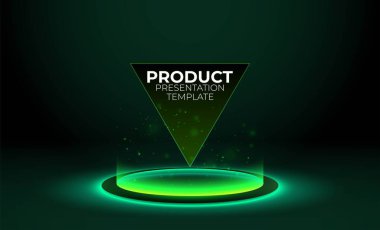 Green glowing ring on floor. Circle podium or teleport. Futuristic product stand template for pc gaming accessories. Abstract hi-tech background for display technology product. Editable vector
