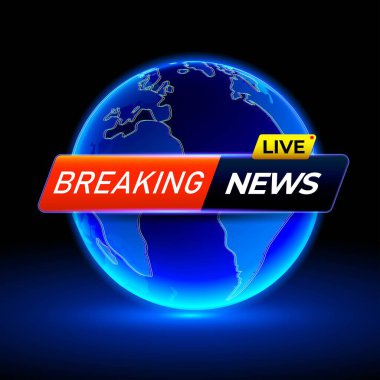 Breaking news headline on holographic globe. TV channel show broadcast art design. Business, technology background. Vector template.