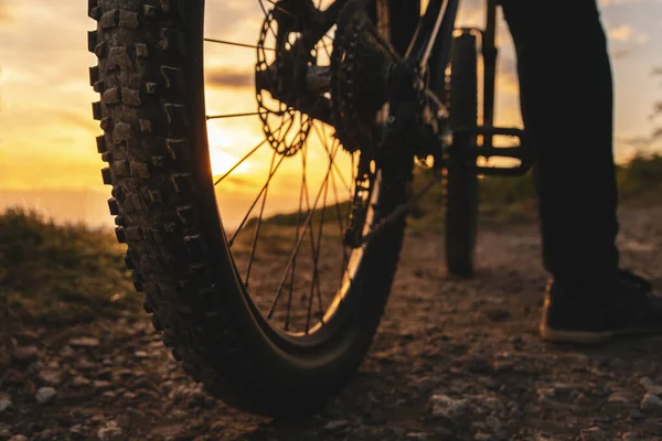 Dettaglio ruota posteriore mountain bike. Indietro colpo di mountain bike al tramonto. — Foto Stock