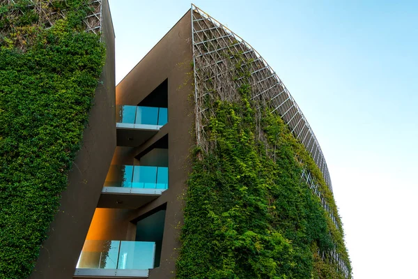 The building is overgrown with plants. Plant facade on a modern building. Modern ecological building.