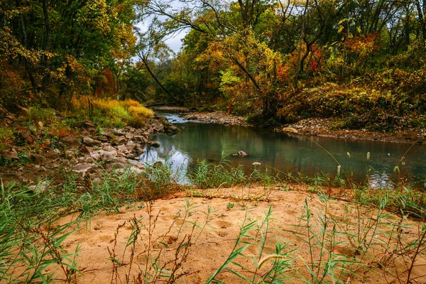 Rivier in het vroege najaar, gekleurde bladeren, prachtig landschap — Stockfoto