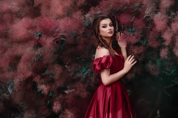 빨간 드레스를 입은 아름다운 여인 이 장미가 가득 한 정원을 걷고 있다. — 스톡 사진