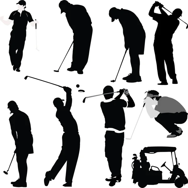 Golf players and equipment silhouettes — Stock Vector