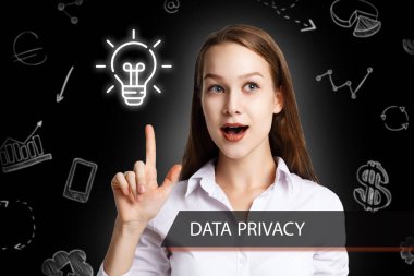 İş, Teknoloji, İnternet ve ağ konsepti. Genç işadamı geleceğin sanal ekranı üzerinde çalışıyor ve yazıyı görüyor: