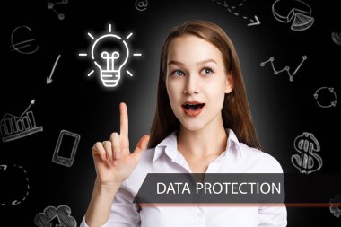 İş, Teknoloji, İnternet ve ağ konsepti. Genç işadamı geleceğin sanal ekranı üzerinde çalışıyor ve yazıyı görüyor: