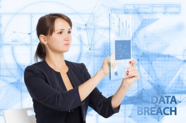 İş, Teknoloji, İnternet ve ağ konsepti. Genç işadamı geleceğin sanal ekranı üzerinde çalışıyor ve yazıyı görüyor: