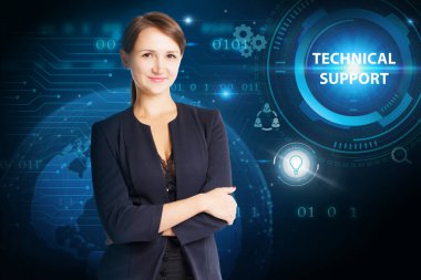 İş, Teknoloji, İnternet ve ağ konsepti. Genç işadamı geleceğin sanal ekranı üzerinde çalışıyor ve yazıyı görüyor.: 