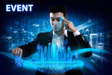 İş, Teknoloji, İnternet ve ağ konsepti. Genç işadamı geleceğin sanal ekranı üzerinde çalışıyor ve yazıyı görüyor: